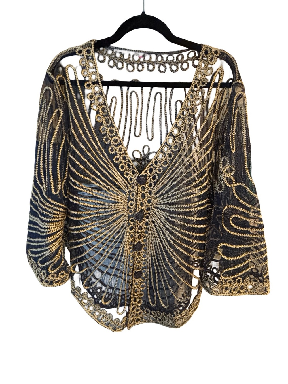 Black & Gold Embroidered Sheer Bohemian Button-Up Bolero Whimsigoth Art Deco Top